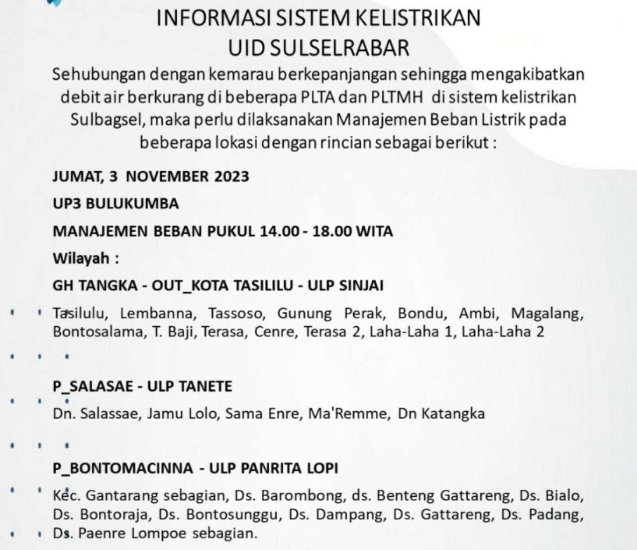 Cek Jadwal Pemadaman Listrik Bulukumba-Sinjai-Bantaeng-Jeneponto Hari Ini Hingga Malam