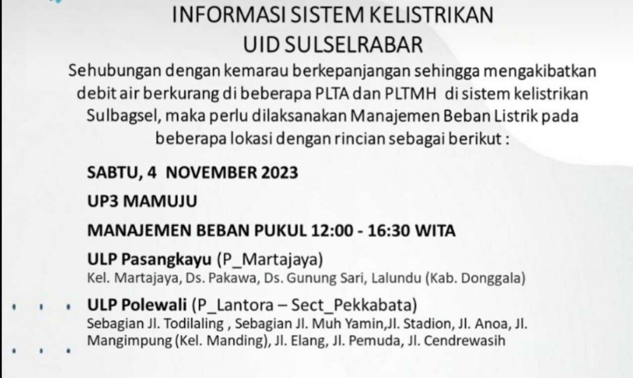 Waspada! PLN Masih Lakukan Pemadaman Listrik di Mamuju dan Sekitarnya Hari Ini Sampai Malam