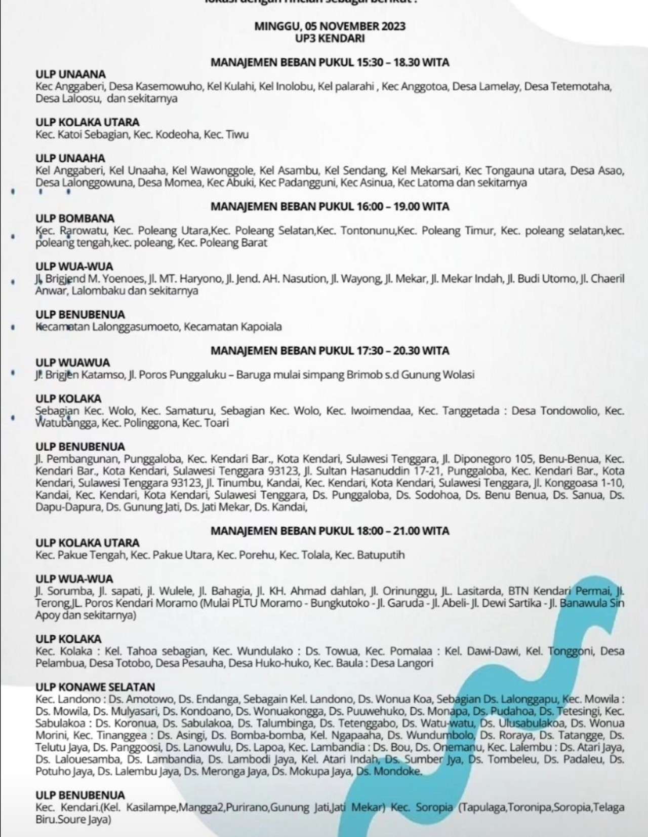 Jadwal dan Lokasi Pemadaman Listrik Kendari dan Sekitarnya Hari Ini 5 November 2023