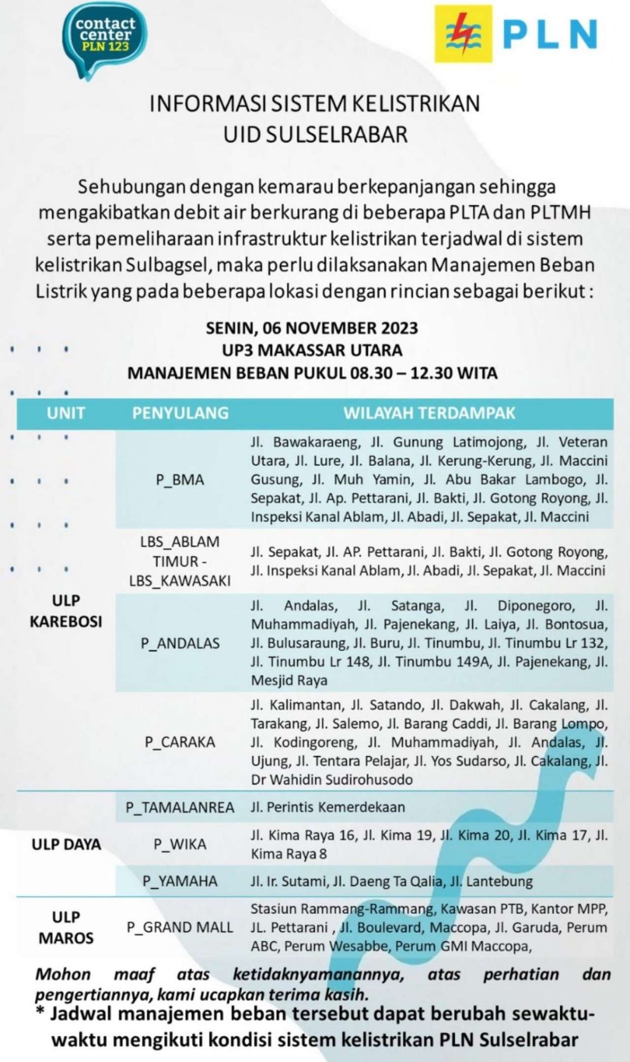 Ratusan Wilayah Alami Pemadaman Listrik di Makassar Hari Ini 6 November 2023, Cek Lokasimu Sekarang!