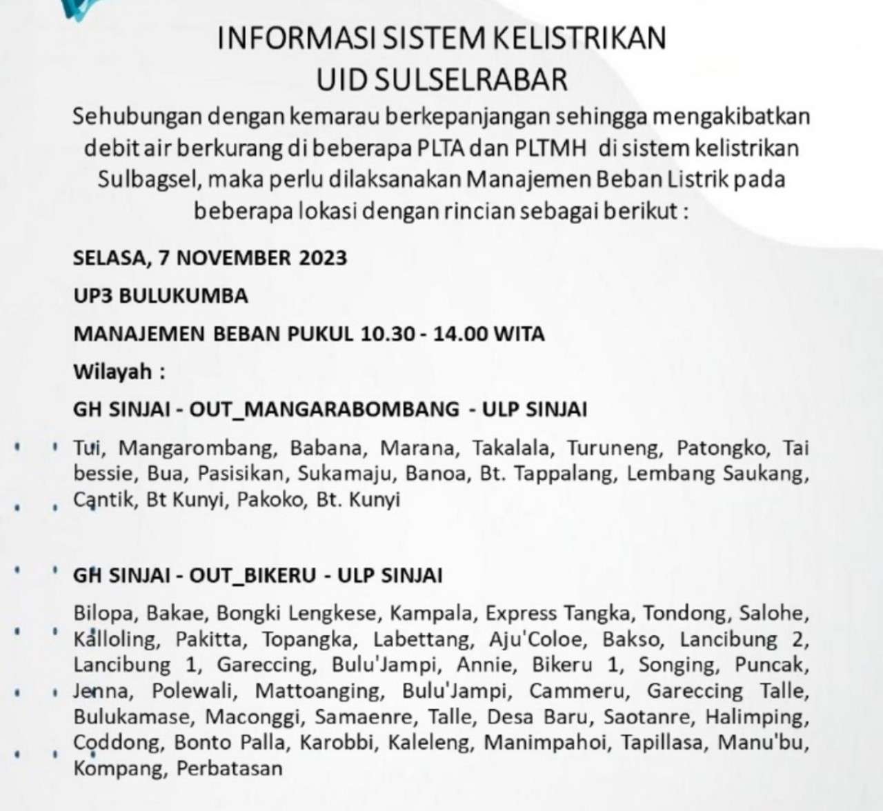 Pemadaman Terus Berlanjut, RS Hingga Polres Ikut Terdampak di Bulukumba dan Sekitarnya Hari Ini Selasa 7 November 2023