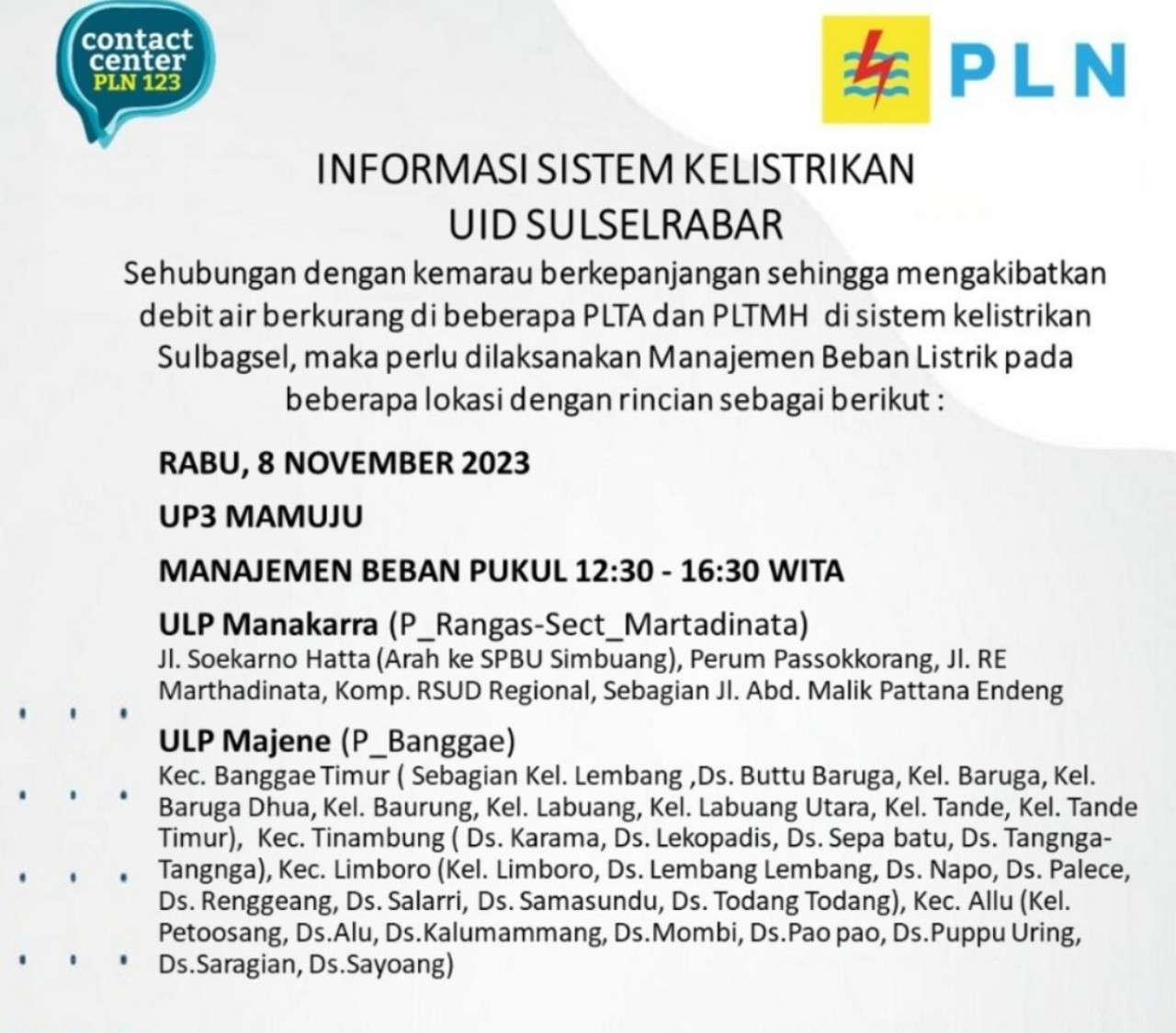 Ratusan Wilayah di Sulbar Alami Pemadaman Listrik Bergilir Hari Ini Rabu 8 November 2023