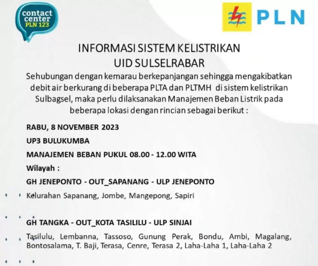 Jadwal Mati Lampu Hari Ini Rabu 8 November di Bulukumba dan Sekitarnya Hingga Pukul 24.00