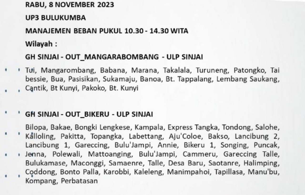 Jadwal Mati Lampu Hari Ini Rabu 8 November di Bulukumba dan Sekitarnya Hingga Pukul 24.00