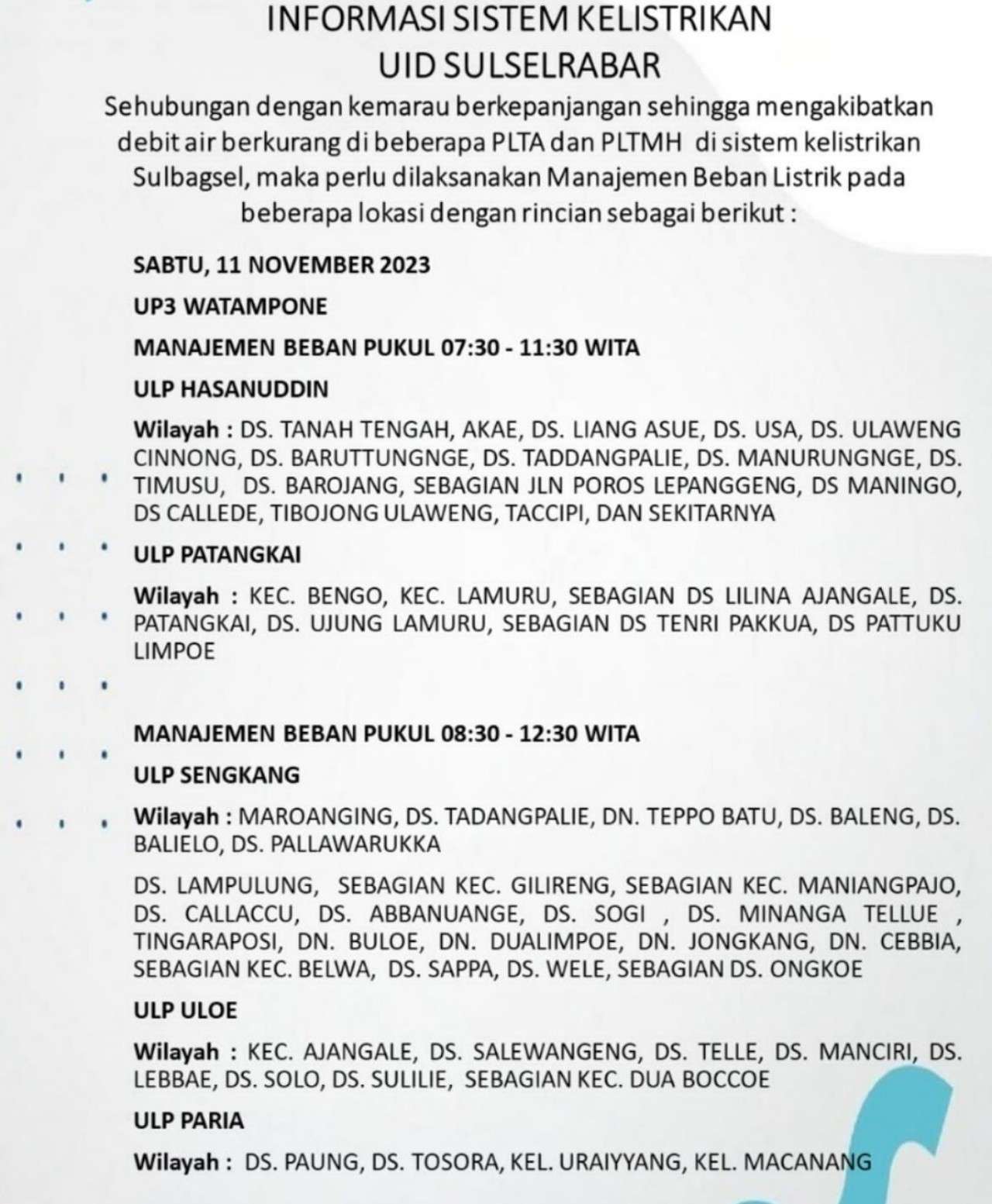 PLN Padamkan Listrik di Sejumlah Wilayah Bone dan Wajo Hari Ini Sabtu 11 November 2023
