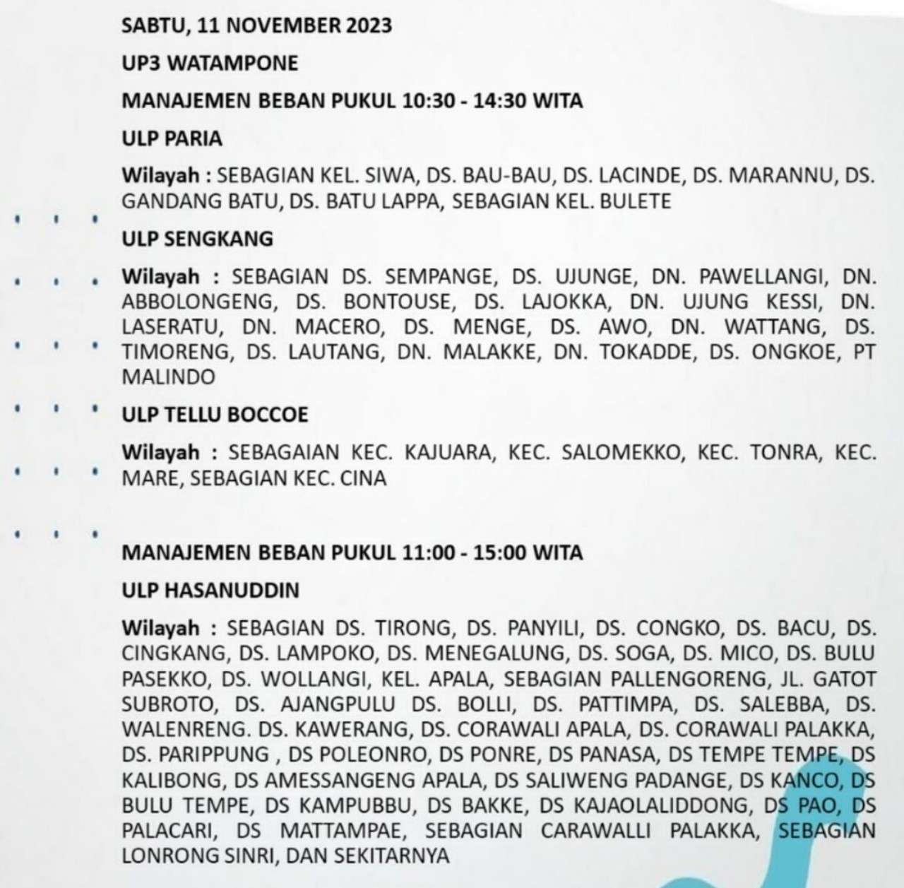 PLN Padamkan Listrik di Sejumlah Wilayah Bone dan Wajo Hari Ini Sabtu 11 November 2023