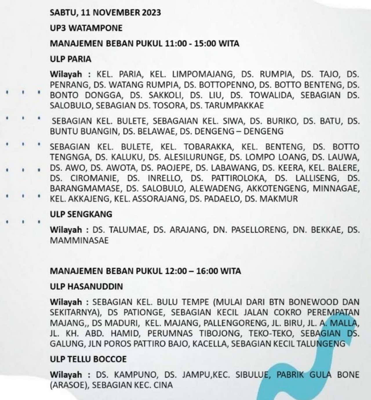 PLN Padamkan Listrik di Sejumlah Wilayah Bone dan Wajo Hari Ini Sabtu 11 November 2023
