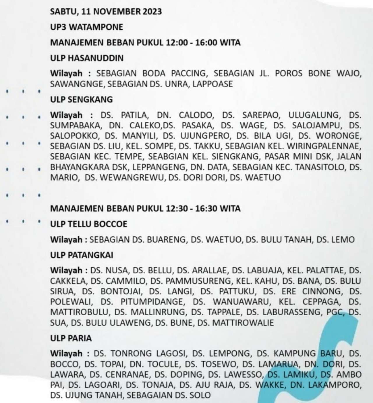 PLN Padamkan Listrik di Sejumlah Wilayah Bone dan Wajo Hari Ini Sabtu 11 November 2023