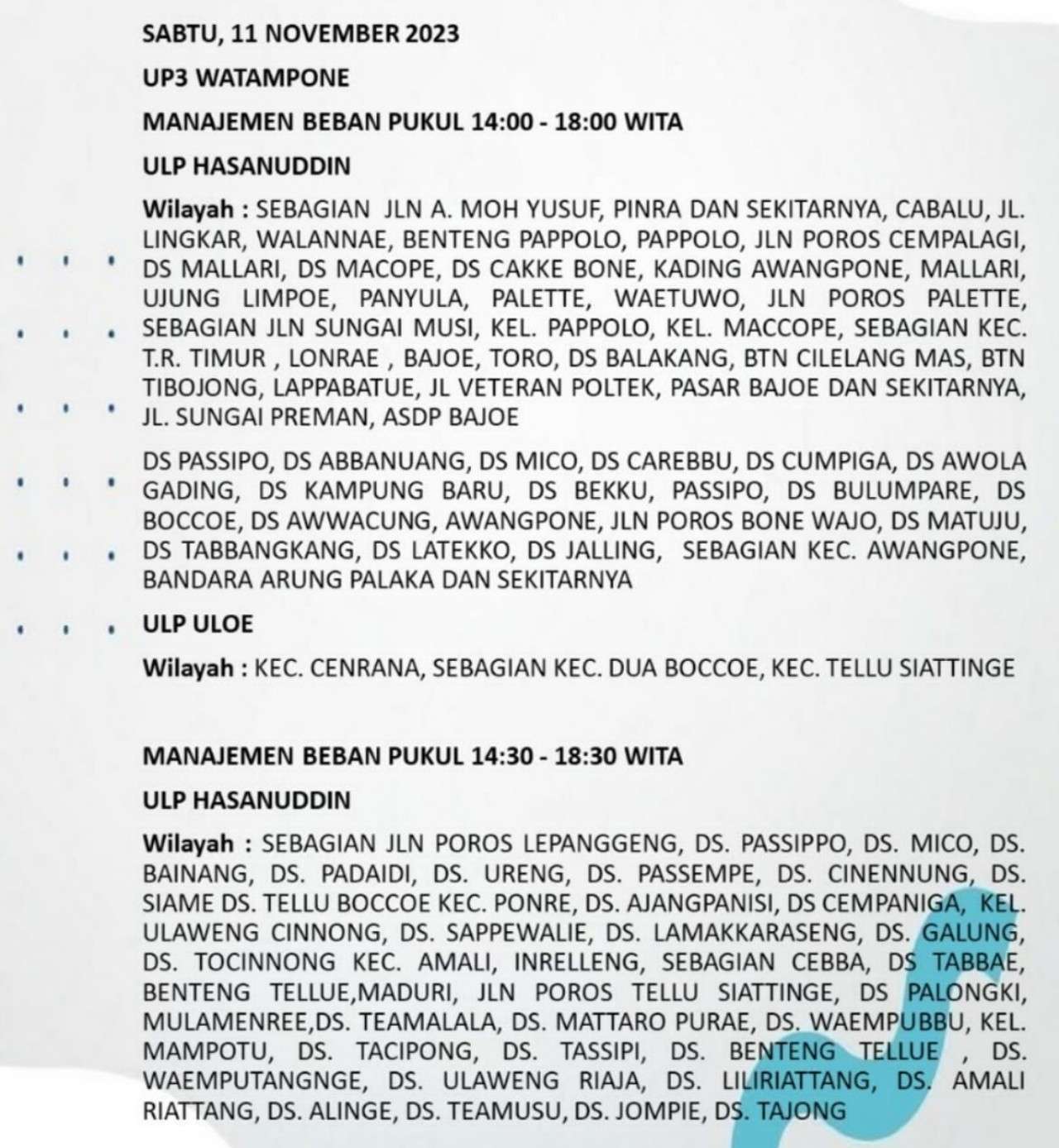 PLN Padamkan Listrik di Sejumlah Wilayah Bone dan Wajo Hari Ini Sabtu 11 November 2023