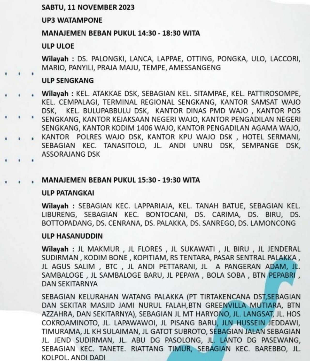 PLN Padamkan Listrik di Sejumlah Wilayah Bone dan Wajo Hari Ini Sabtu 11 November 2023