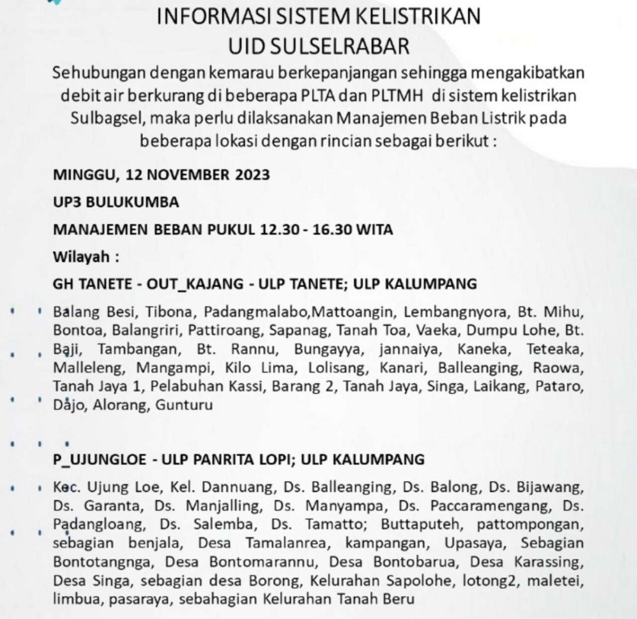 Lagi, Wilayah Bulukumba-Sinjai-Bantaeng-Jeneponto Alami Pemadaman Listrik Hari Ini, Berikut Jadwalnya!