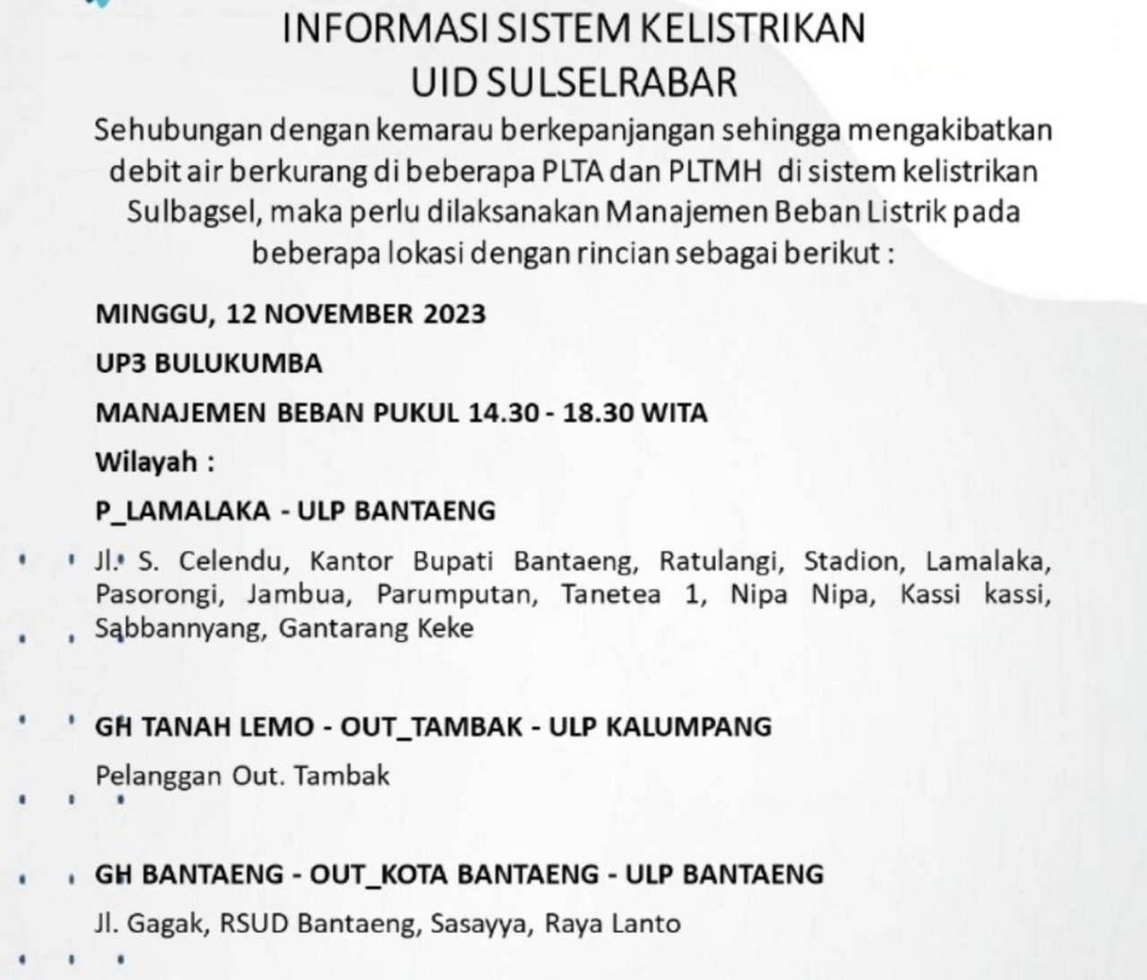 Lagi, Wilayah Bulukumba-Sinjai-Bantaeng-Jeneponto Alami Pemadaman Listrik Hari Ini, Berikut Jadwalnya!
