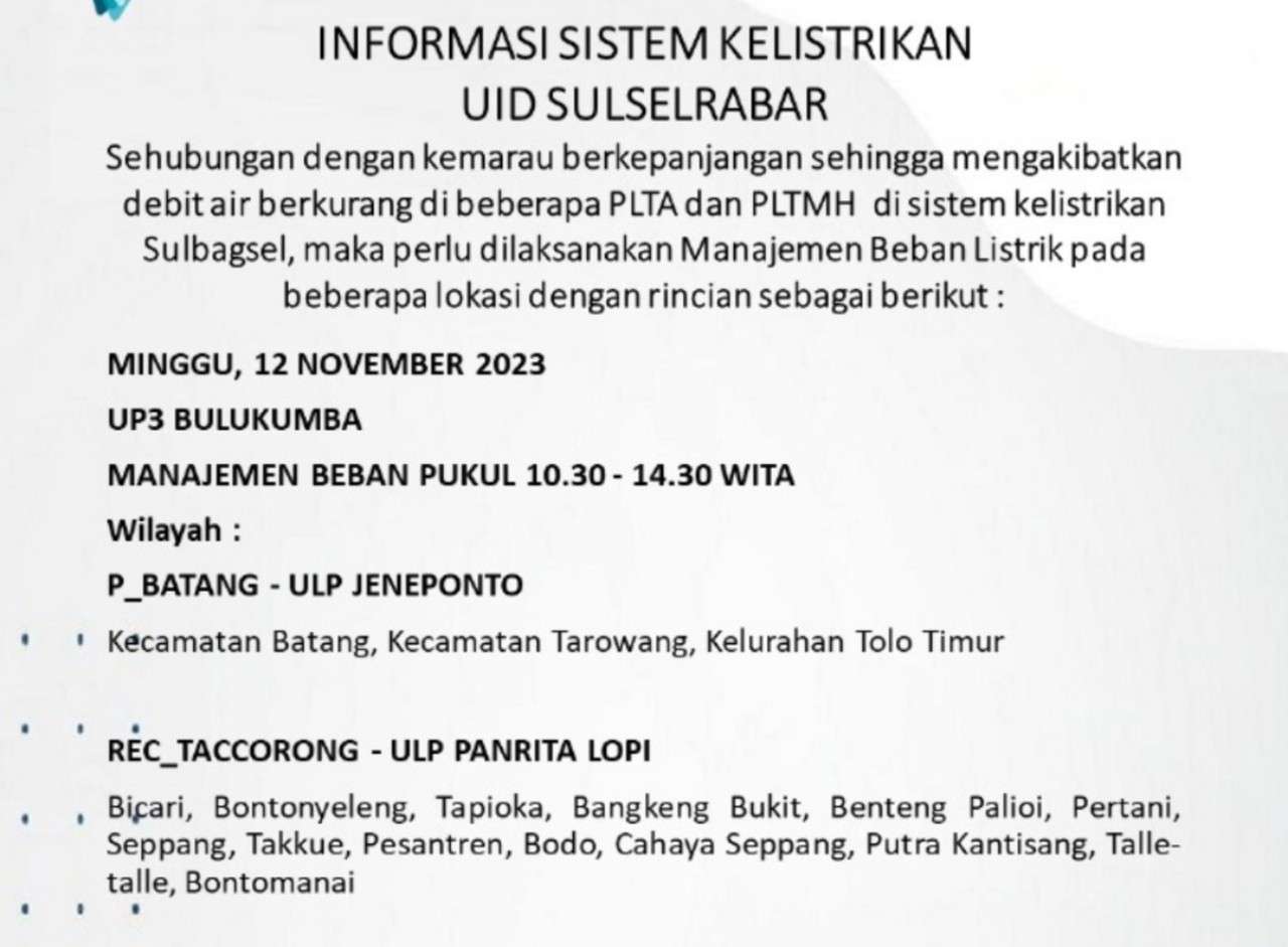 Lagi, Wilayah Bulukumba-Sinjai-Bantaeng-Jeneponto Alami Pemadaman Listrik Hari Ini, Berikut Jadwalnya!