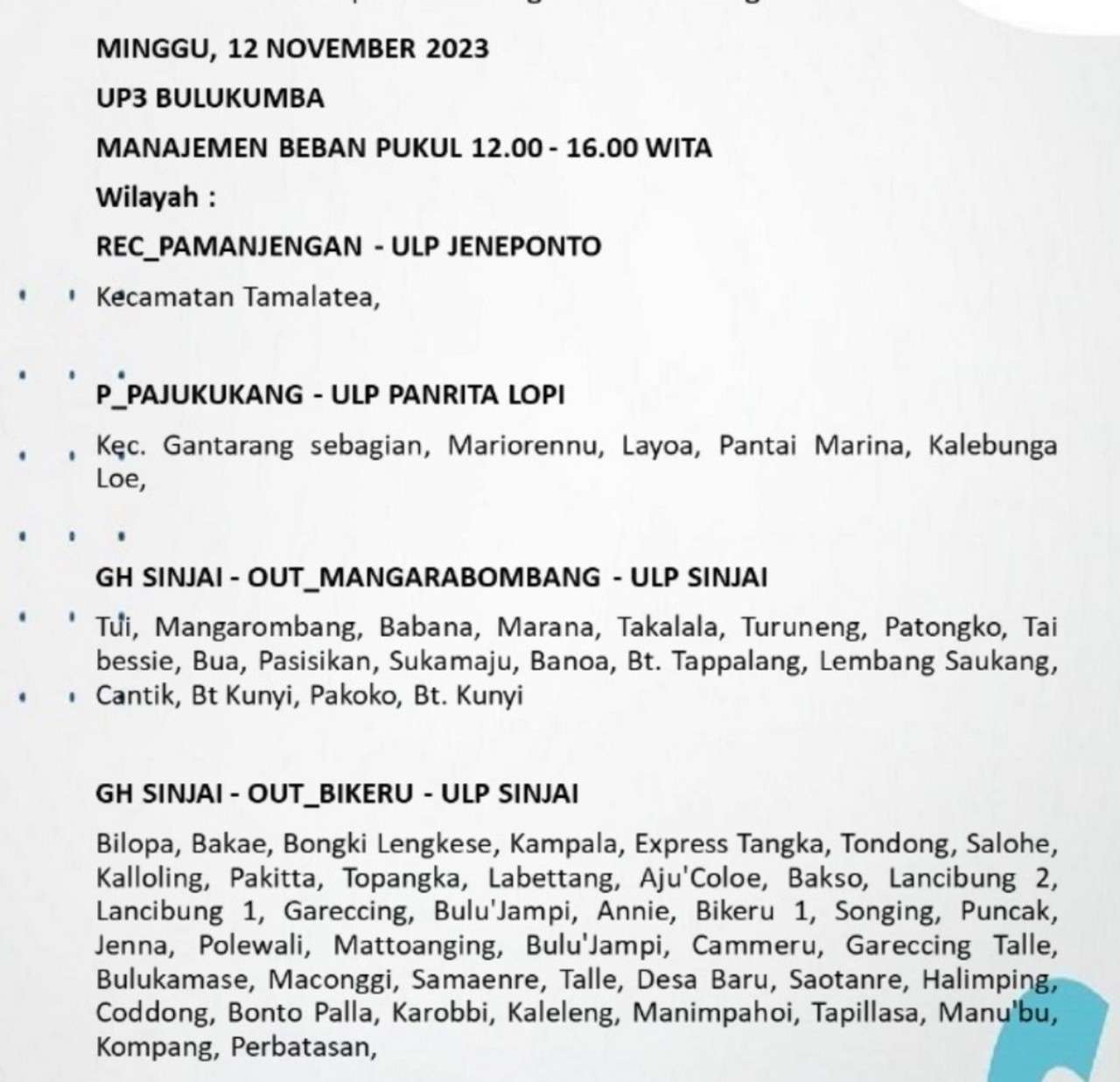 Lagi, Wilayah Bulukumba-Sinjai-Bantaeng-Jeneponto Alami Pemadaman Listrik Hari Ini, Berikut Jadwalnya!