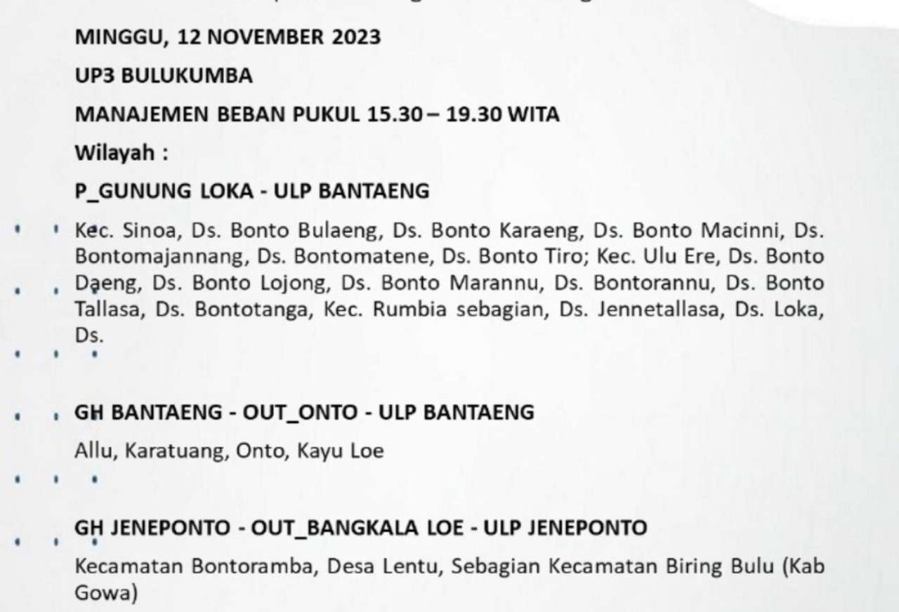 Lagi, Wilayah Bulukumba-Sinjai-Bantaeng-Jeneponto Alami Pemadaman Listrik Hari Ini, Berikut Jadwalnya!