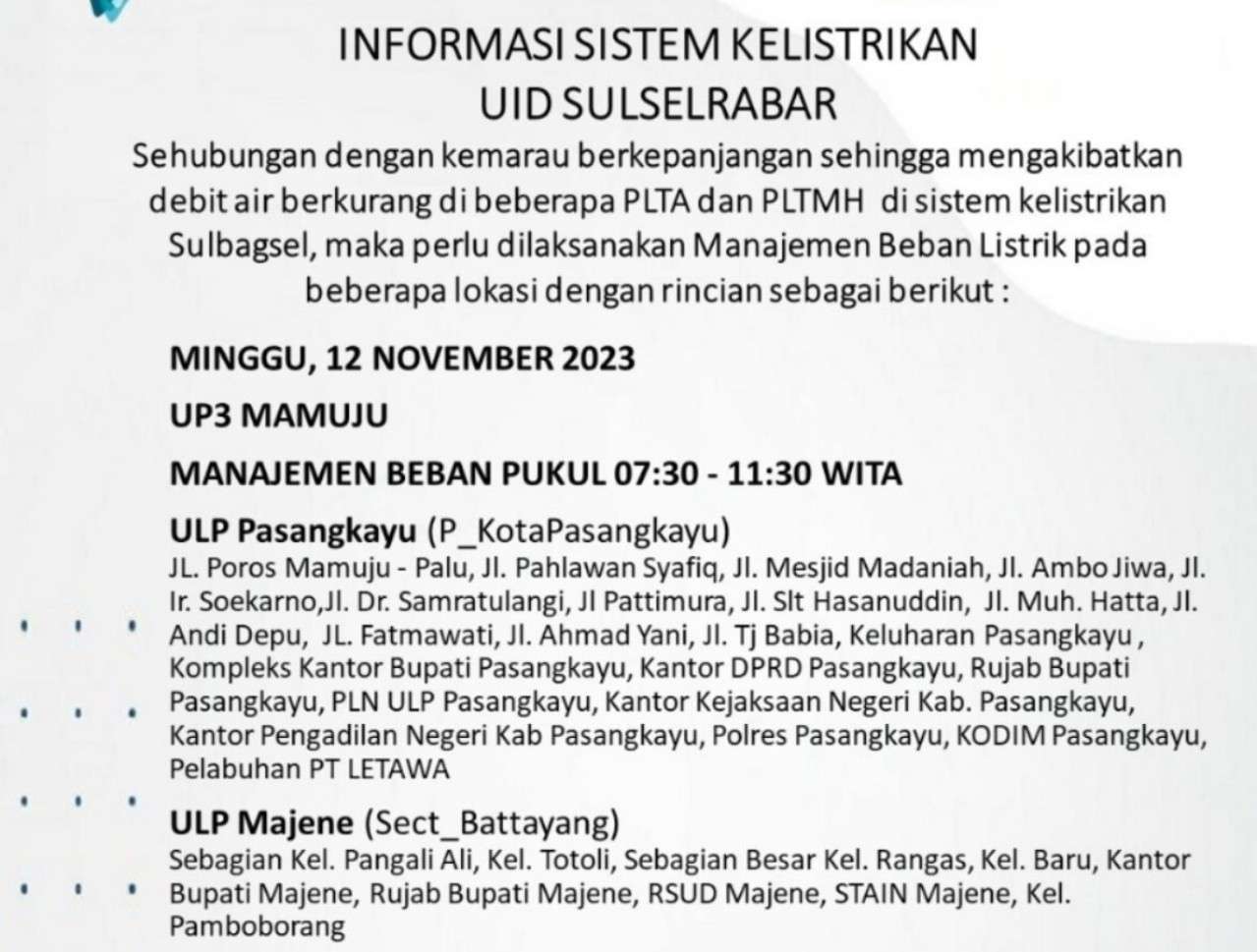 Ratusan Wilayah di Mamuju dan Sekitarnya Alami Pemadaman Listrik Hari Ini Minggu 12 November