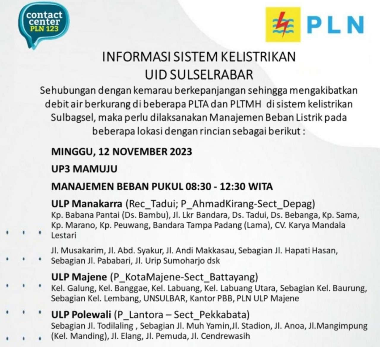 Ratusan Wilayah di Mamuju dan Sekitarnya Alami Pemadaman Listrik Hari Ini Minggu 12 November