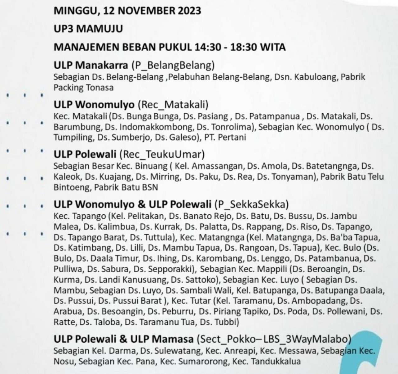 Ratusan Wilayah di Mamuju dan Sekitarnya Alami Pemadaman Listrik Hari Ini Minggu 12 November