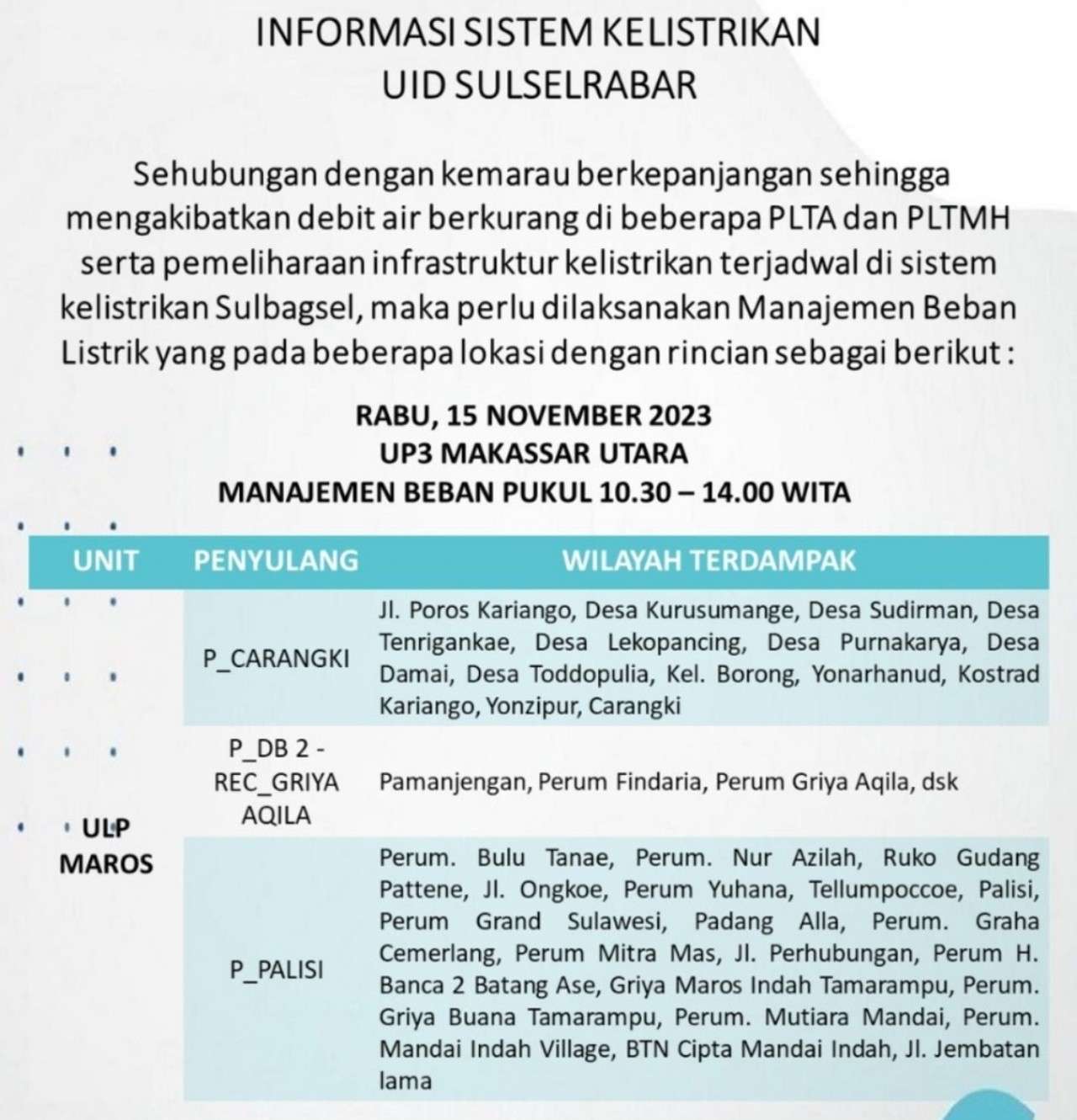 Jadwal Mati Lampu Hari Ini Rabu 15 November 2023 Wilayah Makassar-Gowa-Takalar-Maros-Pangkep