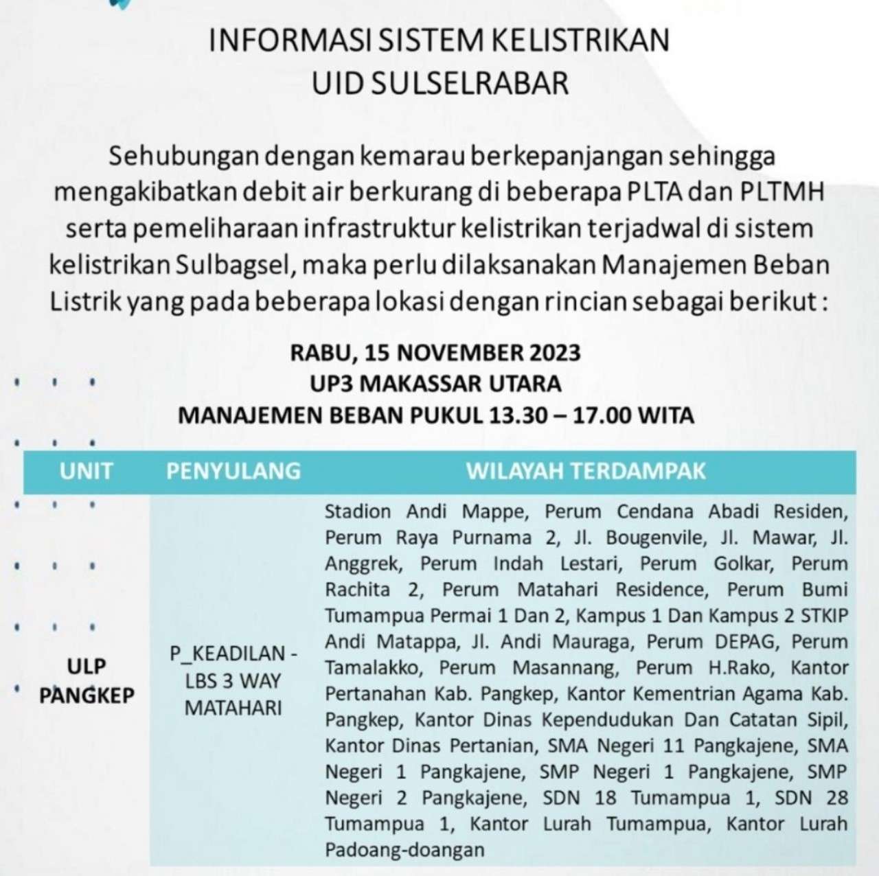 Jadwal Mati Lampu Hari Ini Rabu 15 November 2023 Wilayah Makassar-Gowa-Takalar-Maros-Pangkep