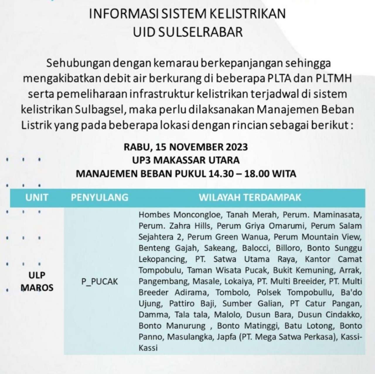 Jadwal Mati Lampu Hari Ini Rabu 15 November 2023 Wilayah Makassar-Gowa-Takalar-Maros-Pangkep