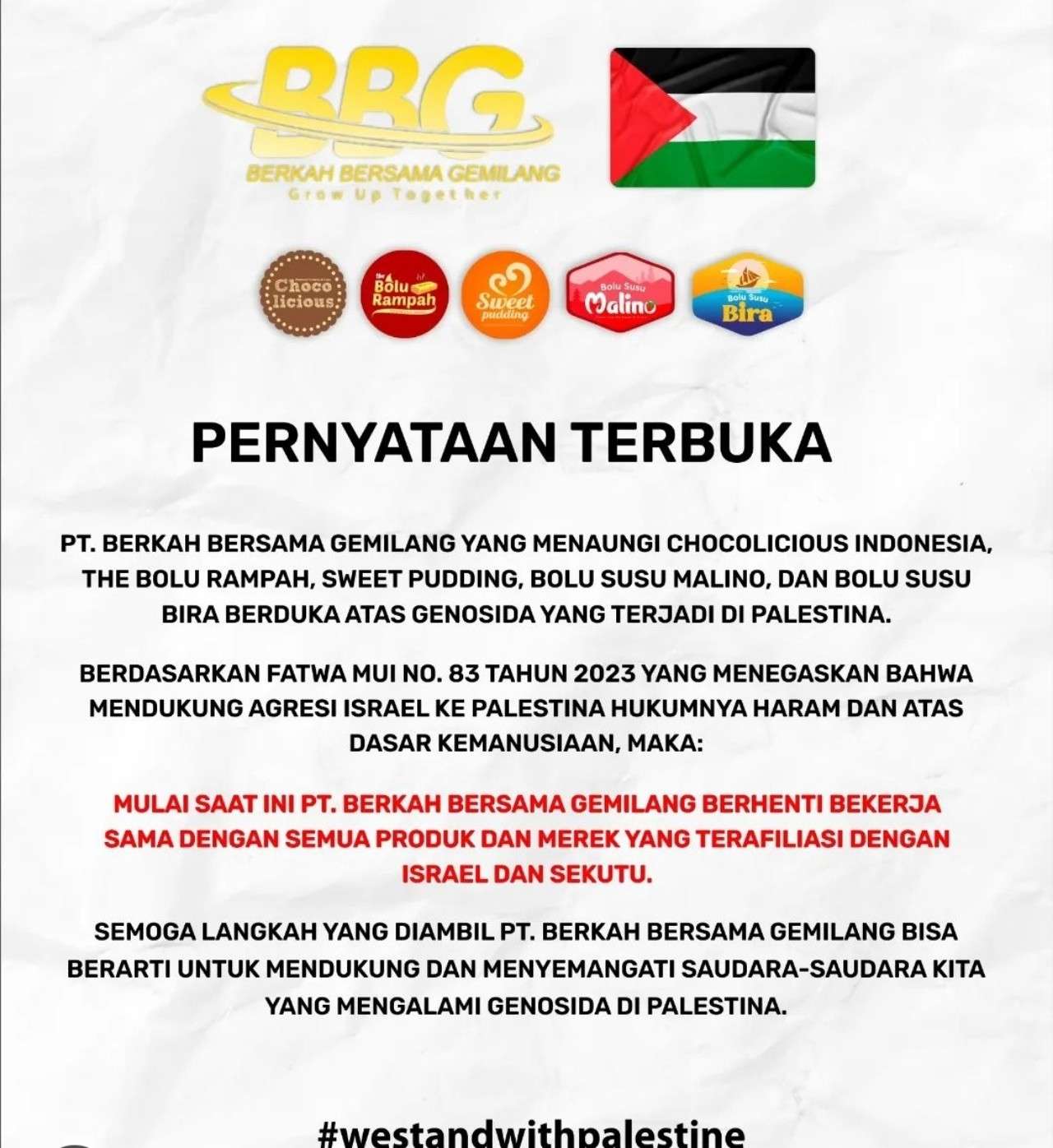 Keren! Chocolicious dan The Bolu Rampah Group Umumkan Boikot Produk dan Merek yang Terafiliasi Israel dan Sekutu
