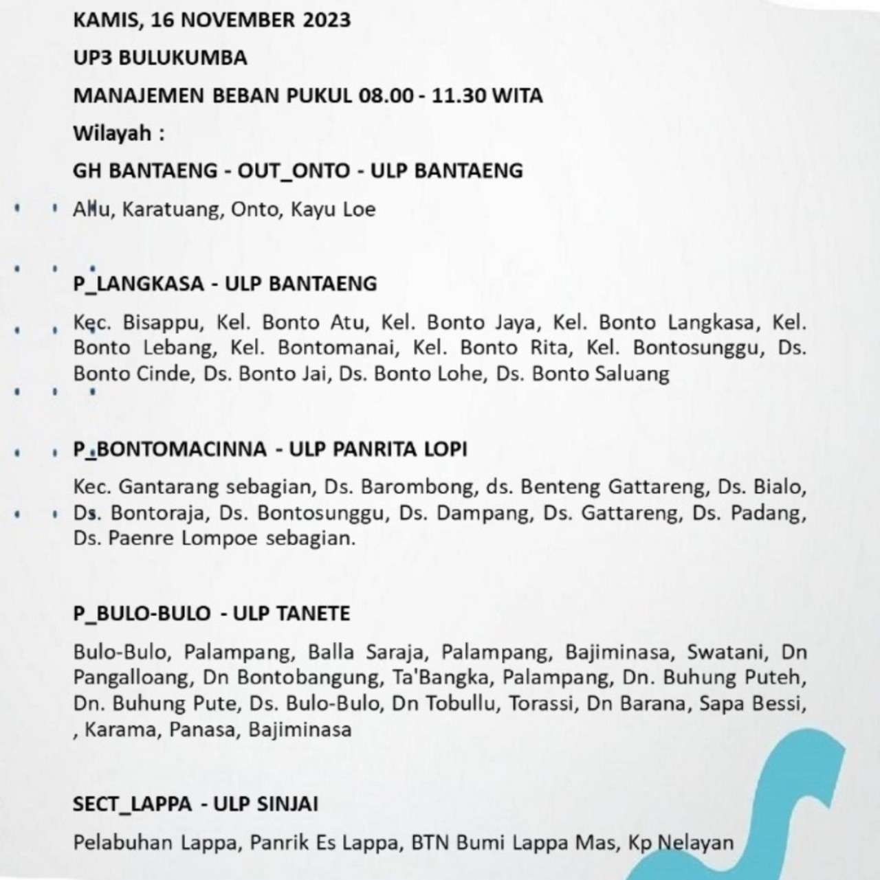 Listrik di Bulukumba-Sinjai-Bantaeng-Jeneponto Hari Ini Kembali Padam Mulai Pagi Hingga Malam