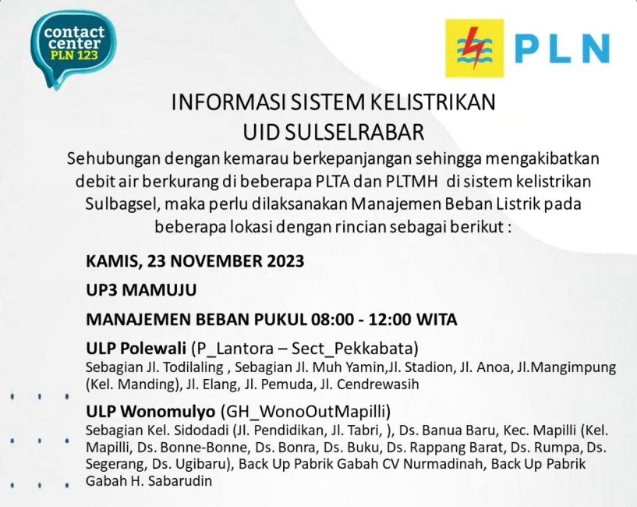 Mati Lampu Sampai Tengah Malam di Sulselrabar Kamis 23 November, Ini Jam dan Wilayah Terdampak