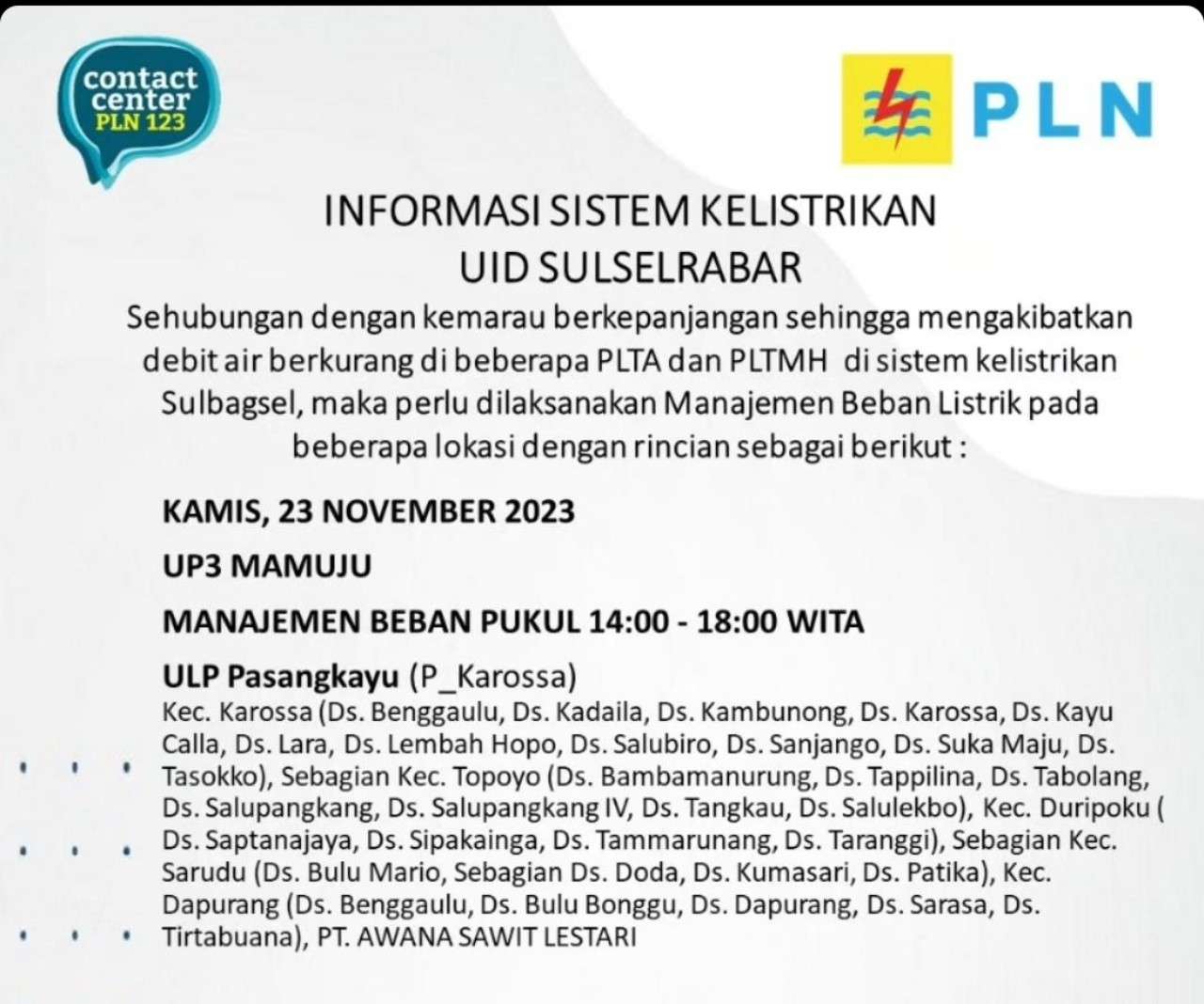 Mati Lampu Sampai Tengah Malam di Sulselrabar Kamis 23 November, Ini Jam dan Wilayah Terdampak