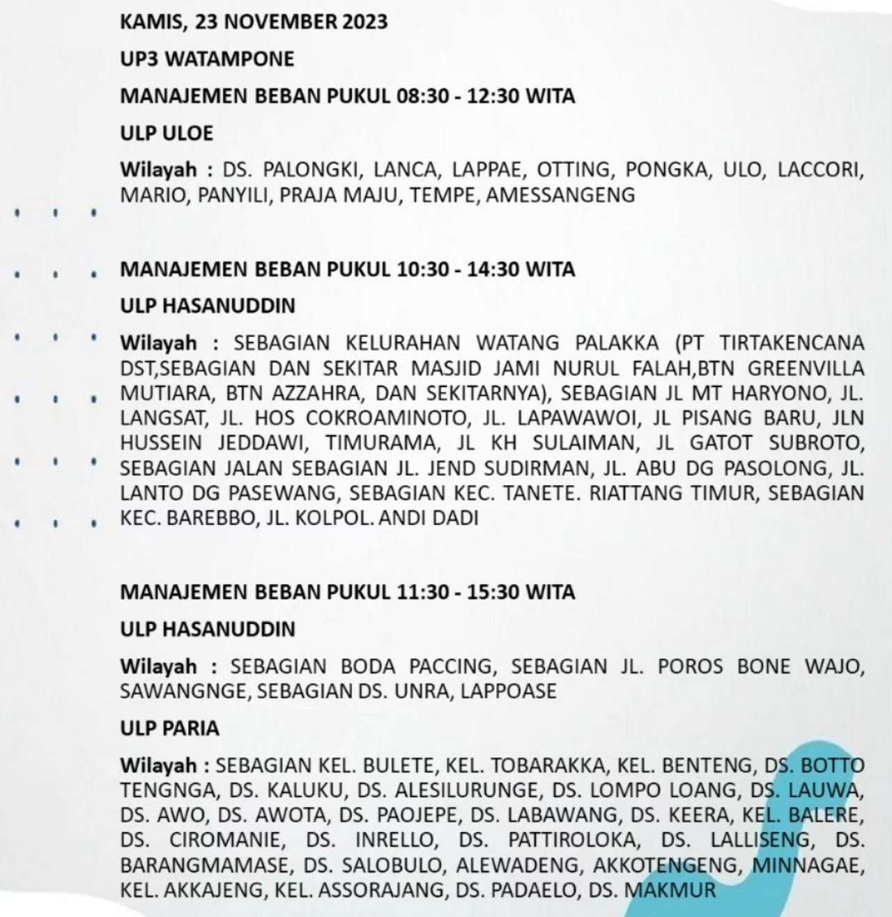 Mati Lampu Sampai Tengah Malam di Sulselrabar Kamis 23 November, Ini Jam dan Wilayah Terdampak