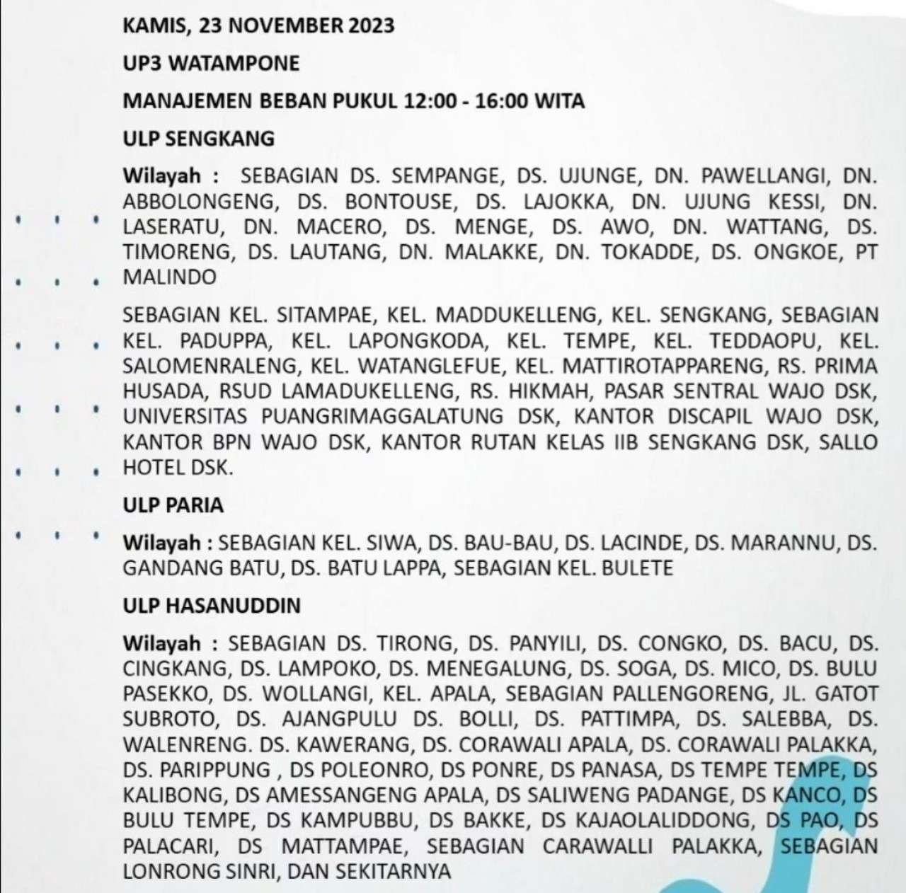 Mati Lampu Sampai Tengah Malam di Sulselrabar Kamis 23 November, Ini Jam dan Wilayah Terdampak