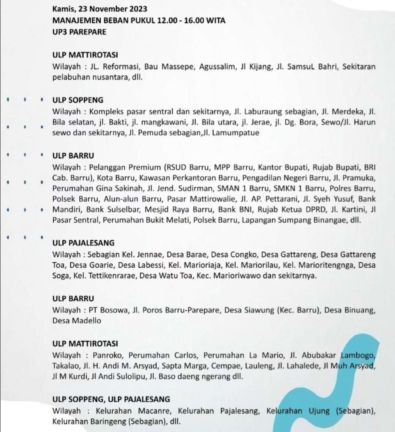 Mati Lampu Sampai Tengah Malam di Sulselrabar Kamis 23 November, Ini Jam dan Wilayah Terdampak