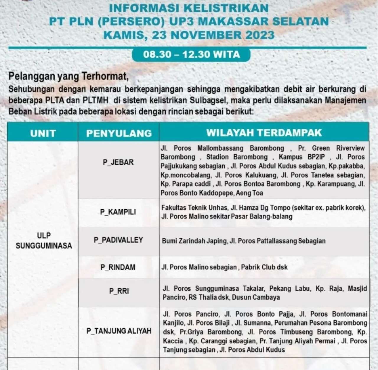 Mati Lampu Sampai Tengah Malam di Sulselrabar Kamis 23 November, Ini Jam dan Wilayah Terdampak