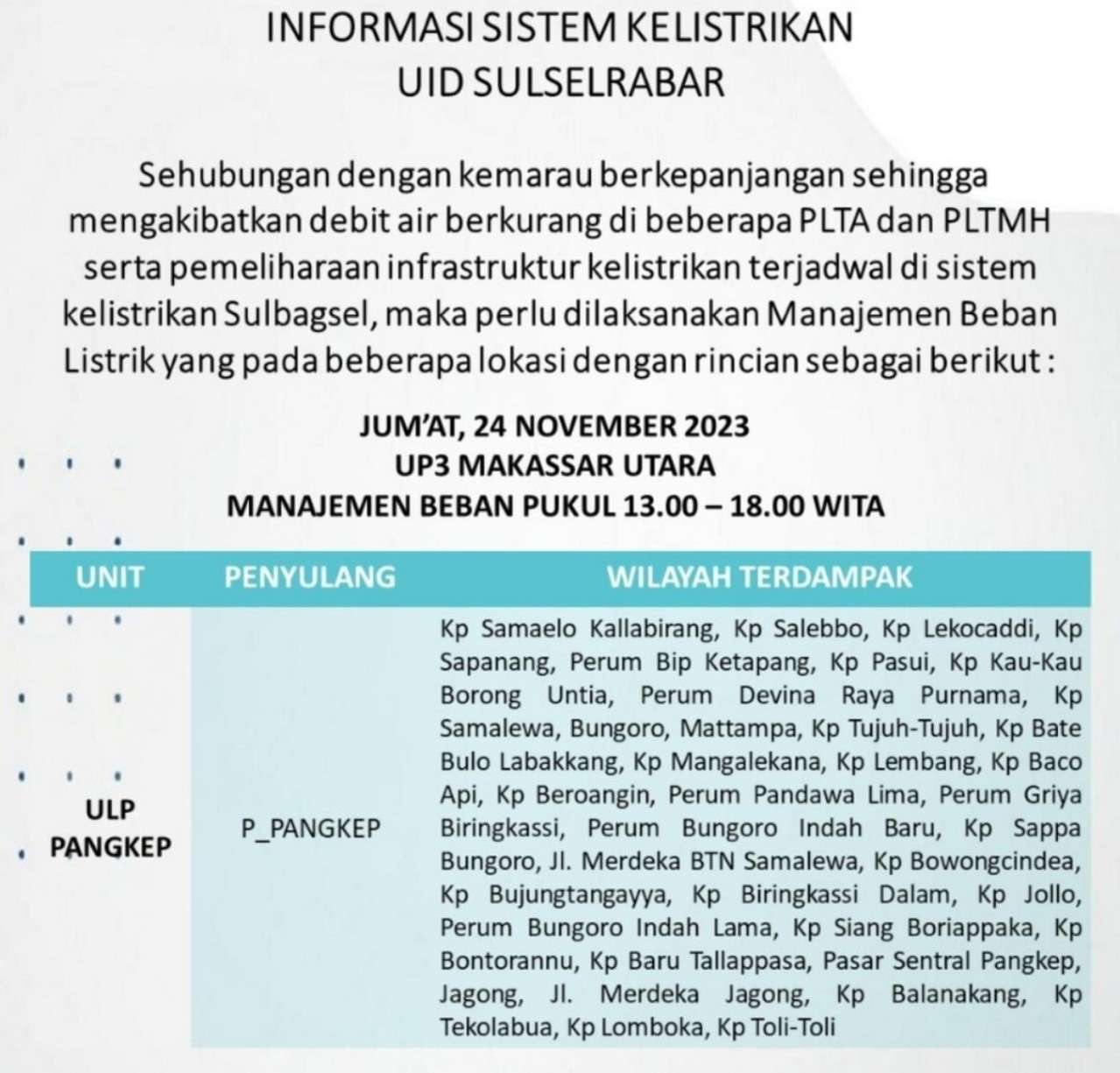 Berikut Jadwal Pemadaman Listrik di Maros-Pangkep Siang Ini Sampai Malam, Cek Wilayahmu!