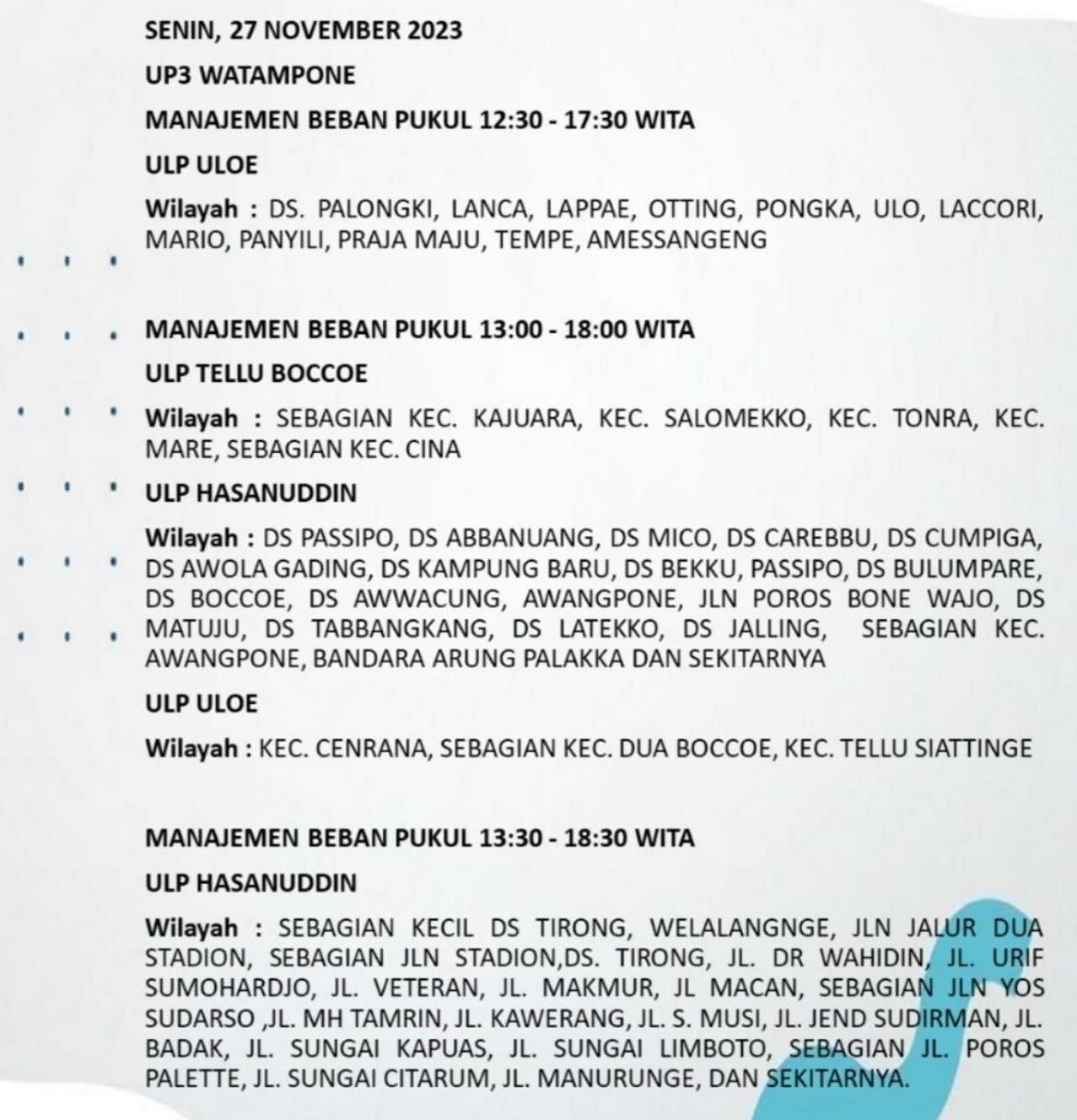 Padam Bergilir Hingga 5 Jam, Berikut Ratusan Wilayah Bakal Mati Lampu di Bone dan Wajo Hari Ini