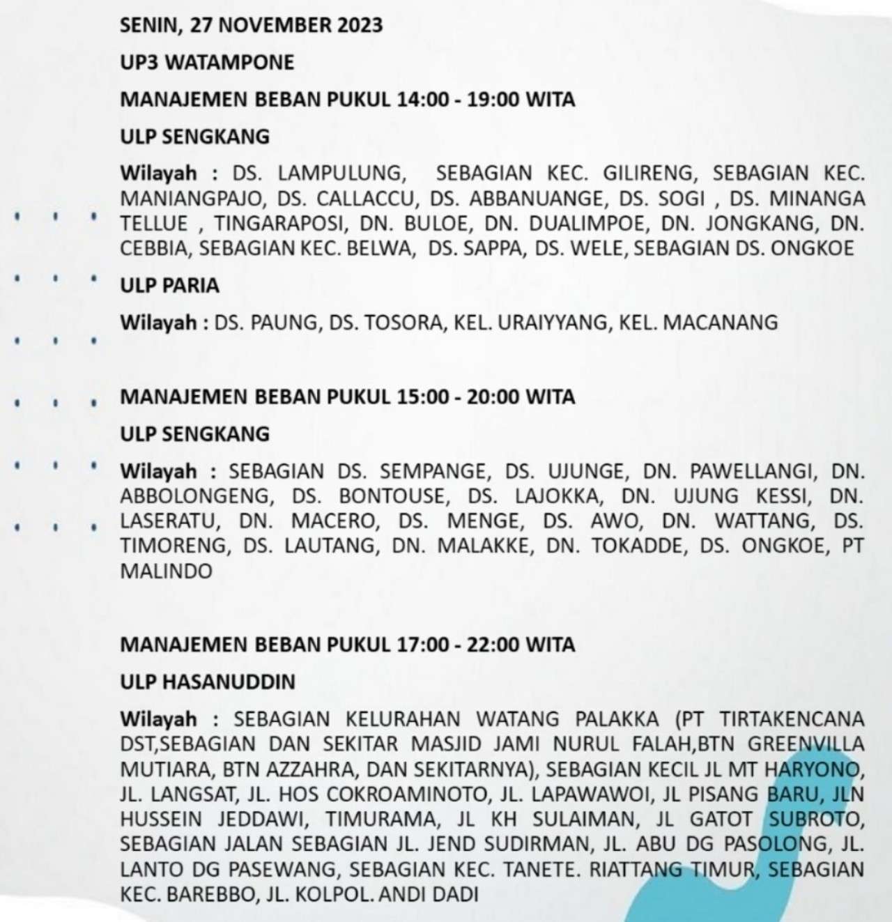 Padam Bergilir Hingga 5 Jam, Berikut Ratusan Wilayah Bakal Mati Lampu di Bone dan Wajo Hari Ini