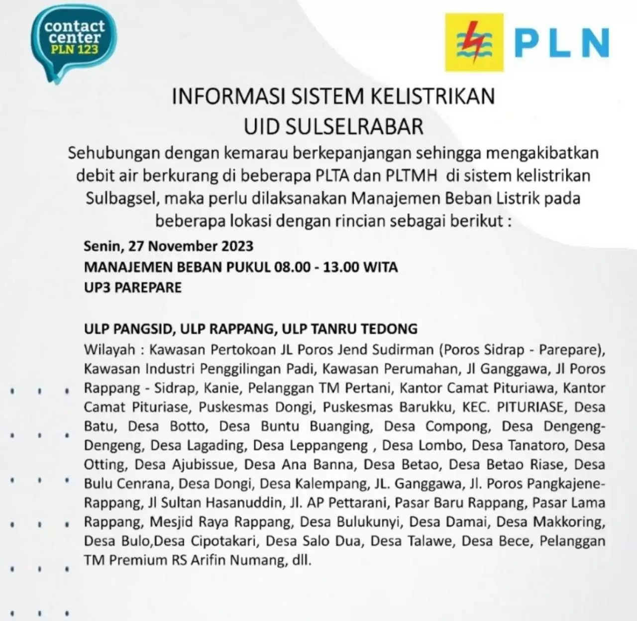 Jadwal Mati Lampu Hari Ini di Parepare-Barru-Sidrap-Soppeng, Cek Selengkapnya!