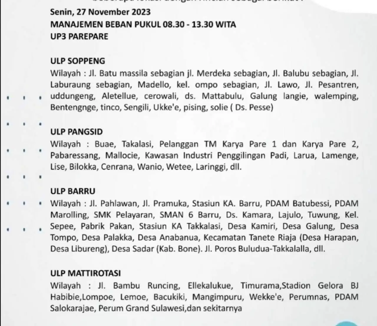 Jadwal Mati Lampu Hari Ini di Parepare-Barru-Sidrap-Soppeng, Cek Selengkapnya!