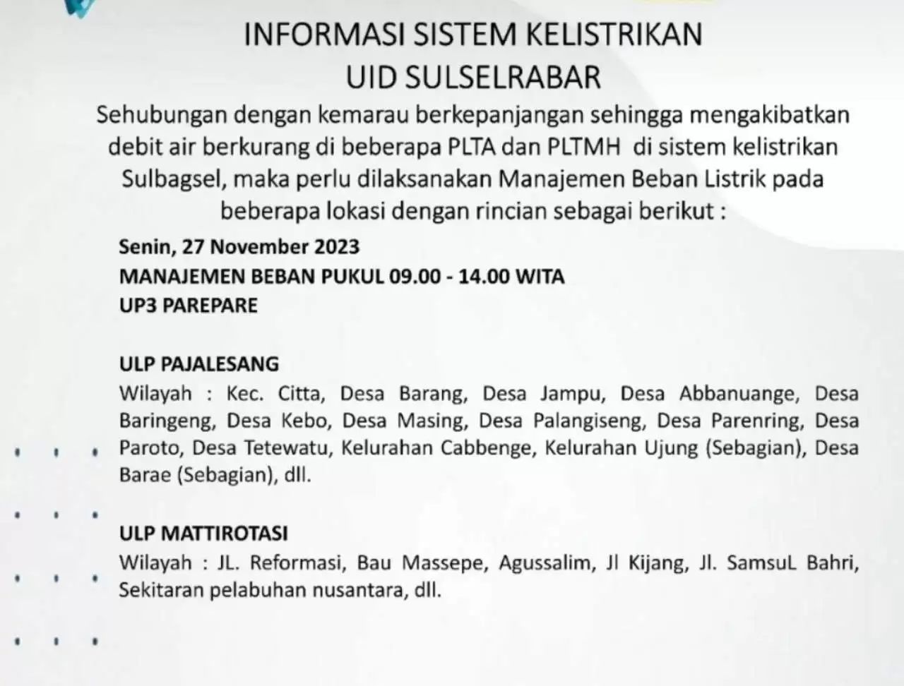 Jadwal Mati Lampu Hari Ini di Parepare-Barru-Sidrap-Soppeng, Cek Selengkapnya!
