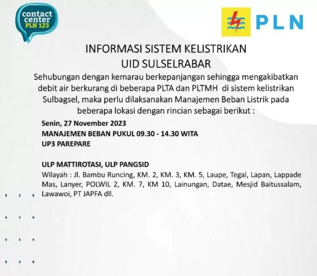 Jadwal Mati Lampu Hari Ini di Parepare-Barru-Sidrap-Soppeng, Cek Selengkapnya!