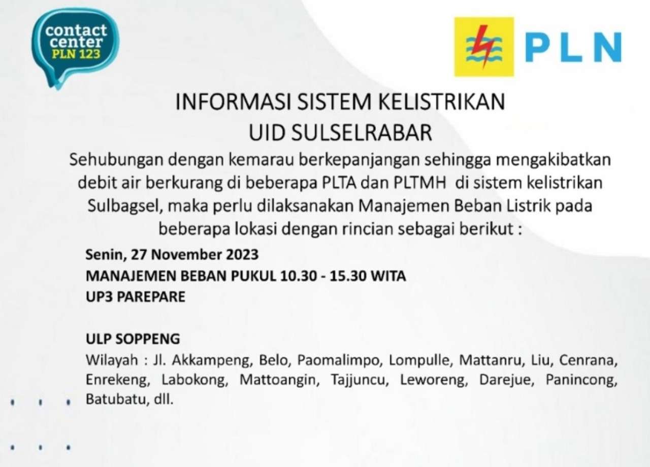 Jadwal Mati Lampu Hari Ini di Parepare-Barru-Sidrap-Soppeng, Cek Selengkapnya!