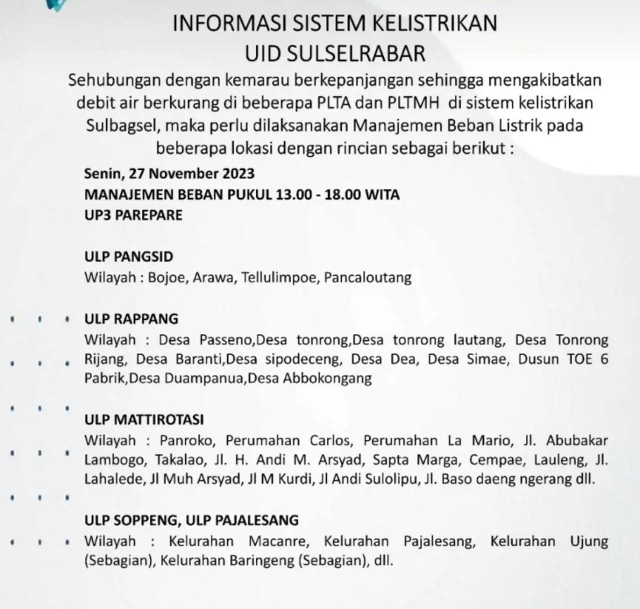 Jadwal Mati Lampu Hari Ini di Parepare-Barru-Sidrap-Soppeng, Cek Selengkapnya!