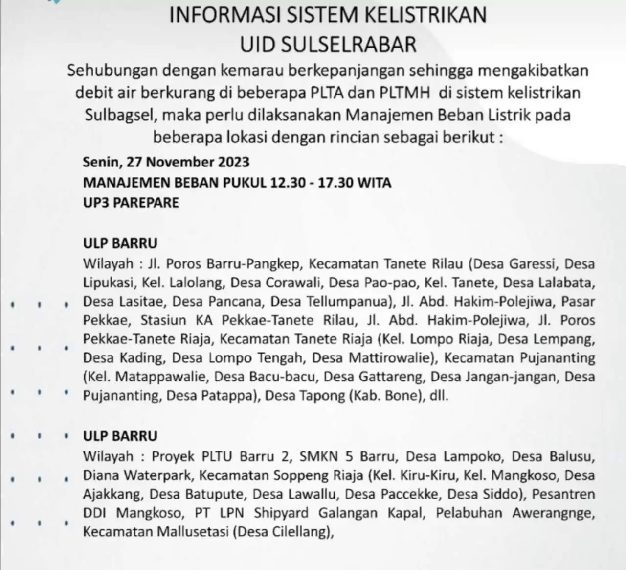 Jadwal Mati Lampu Hari Ini di Parepare-Barru-Sidrap-Soppeng, Cek Selengkapnya!