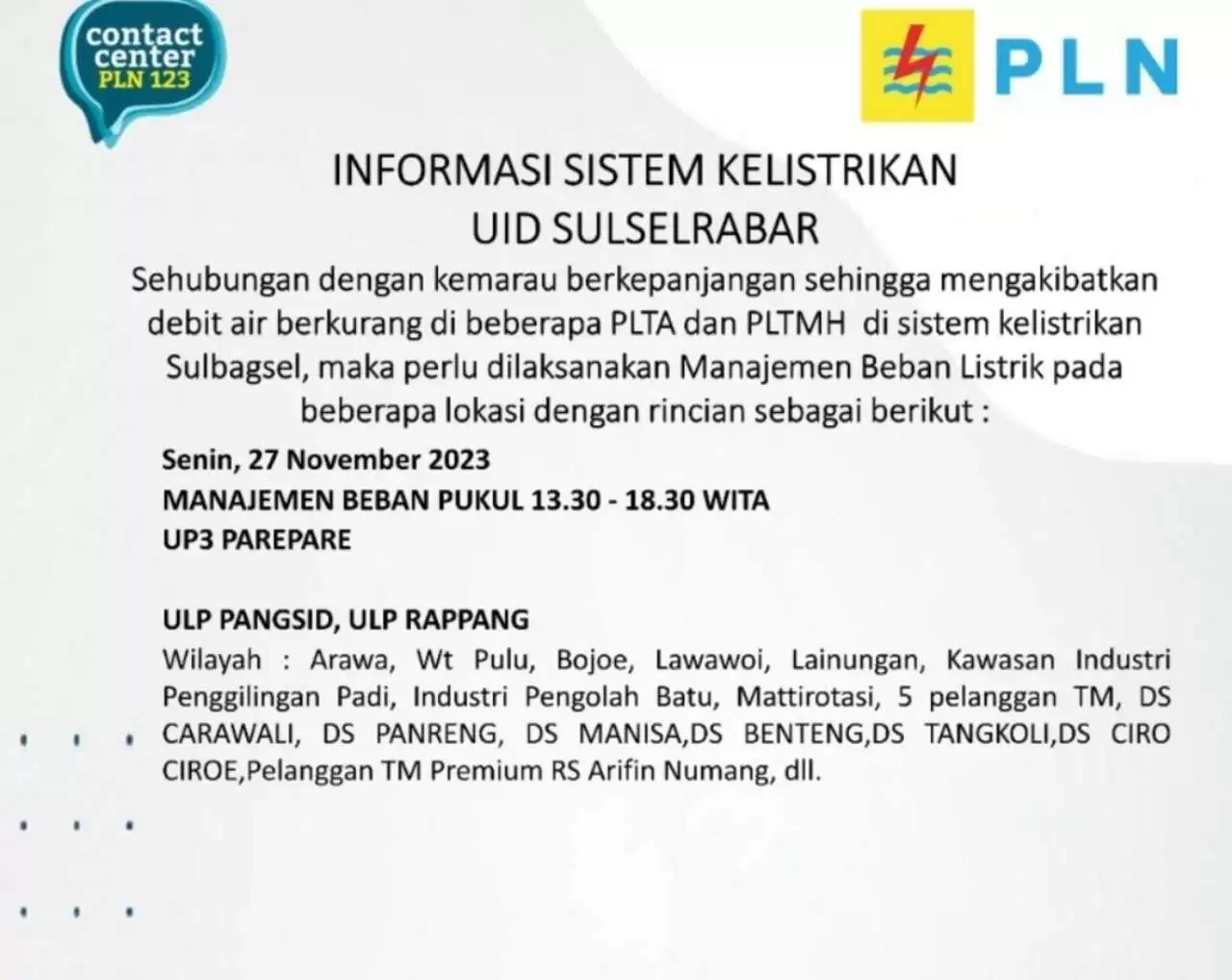 Jadwal Mati Lampu Hari Ini di Parepare-Barru-Sidrap-Soppeng, Cek Selengkapnya!