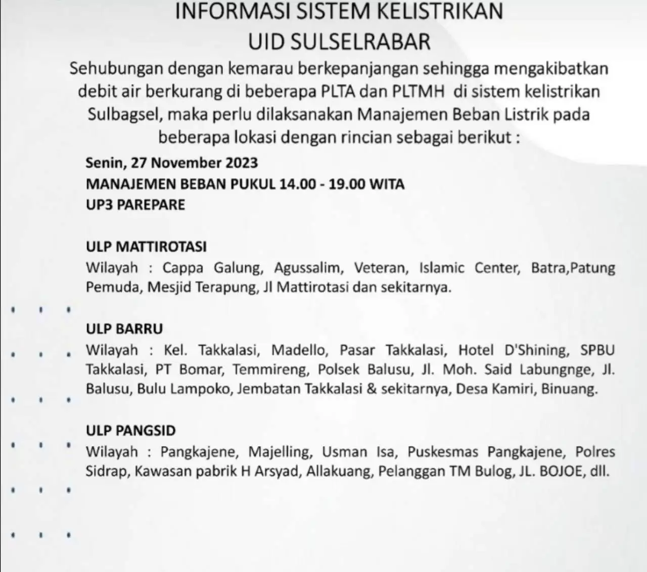 Jadwal Mati Lampu Hari Ini di Parepare-Barru-Sidrap-Soppeng, Cek Selengkapnya!