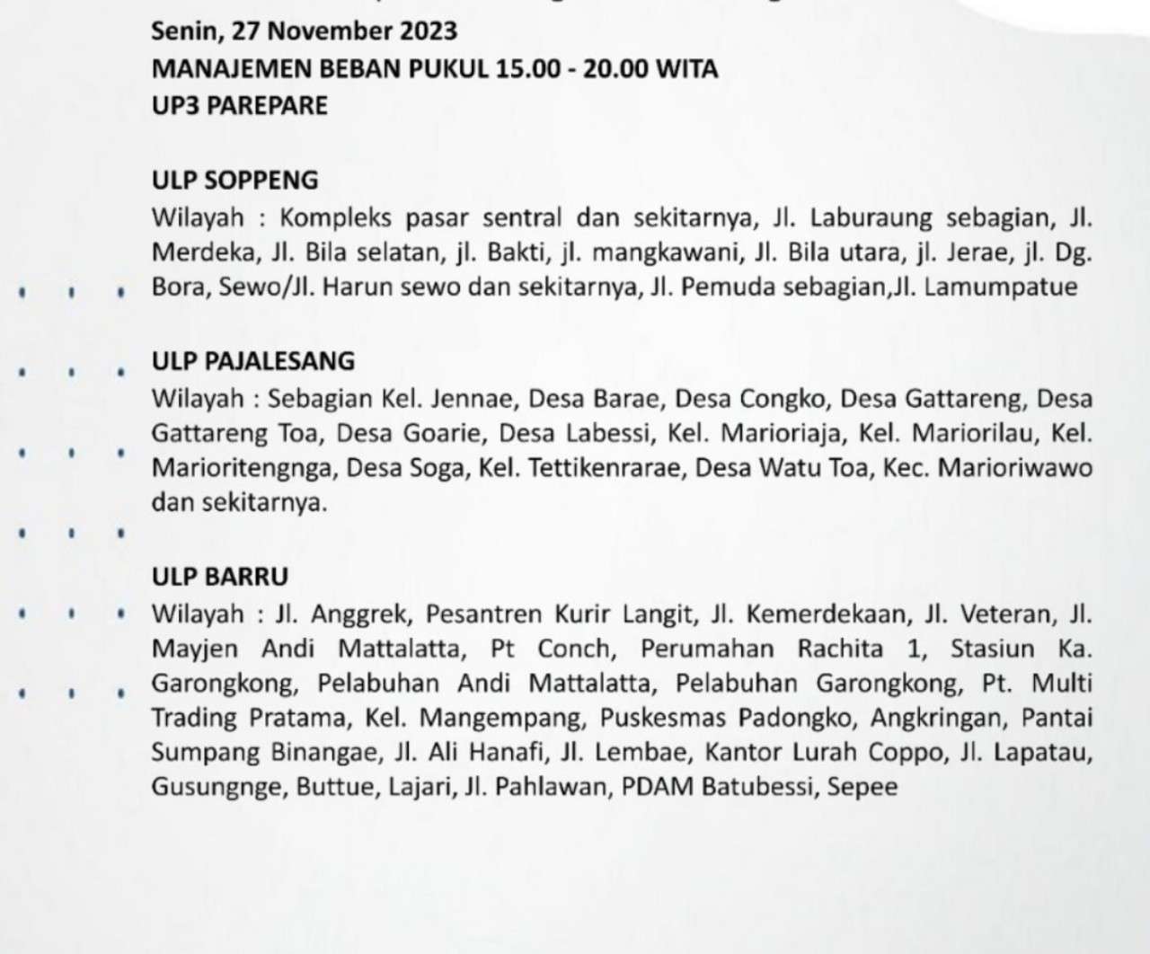 Jadwal Mati Lampu Hari Ini di Parepare-Barru-Sidrap-Soppeng, Cek Selengkapnya!