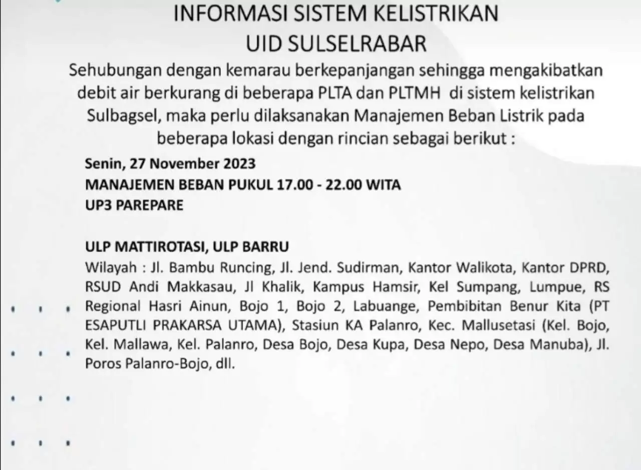 Jadwal Mati Lampu Hari Ini di Parepare-Barru-Sidrap-Soppeng, Cek Selengkapnya!
