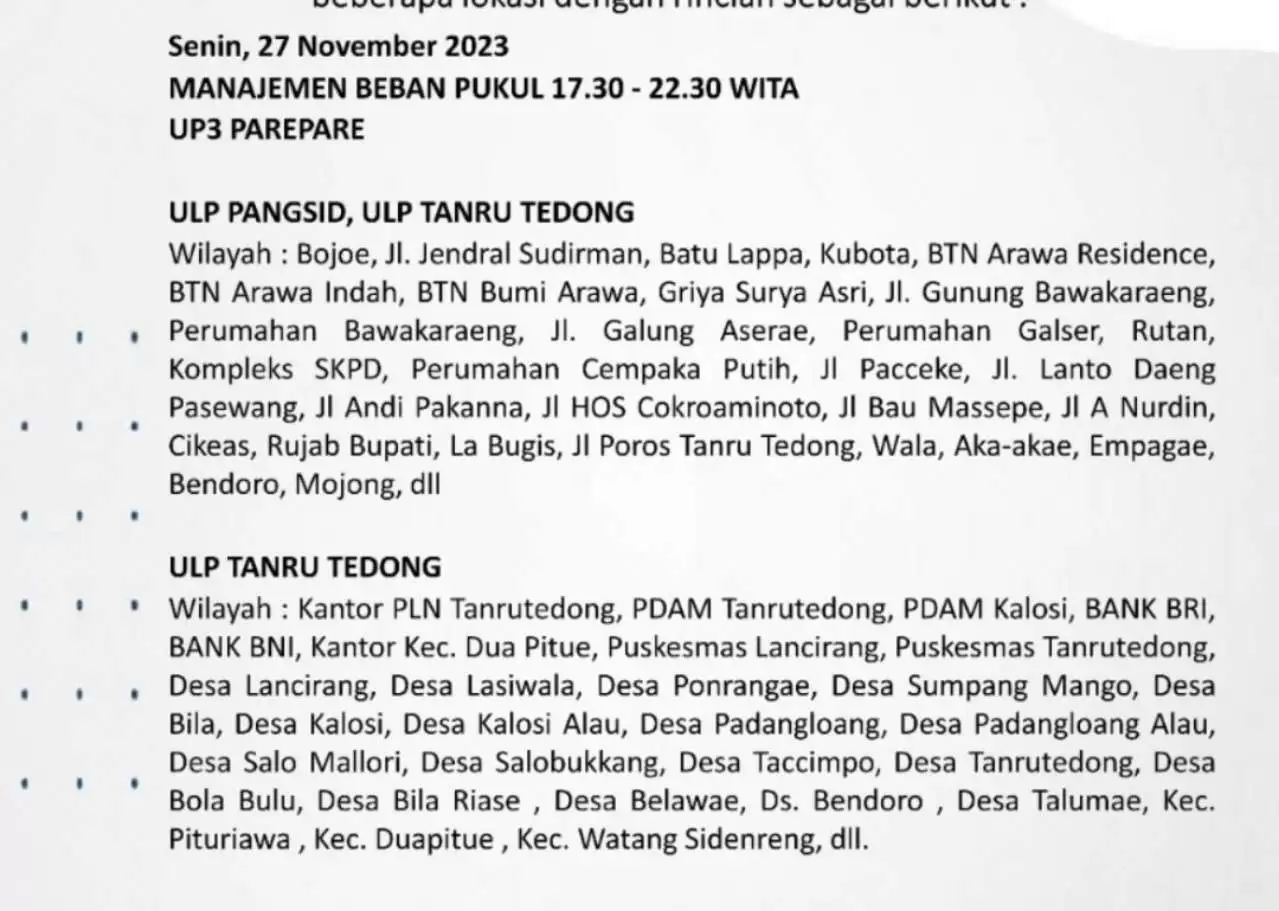 Jadwal Mati Lampu Hari Ini di Parepare-Barru-Sidrap-Soppeng, Cek Selengkapnya!