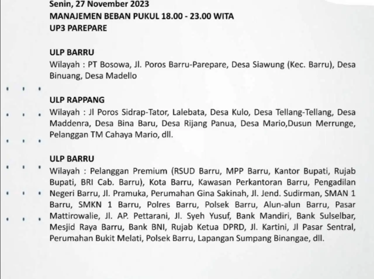 Jadwal Mati Lampu Hari Ini di Parepare-Barru-Sidrap-Soppeng, Cek Selengkapnya!