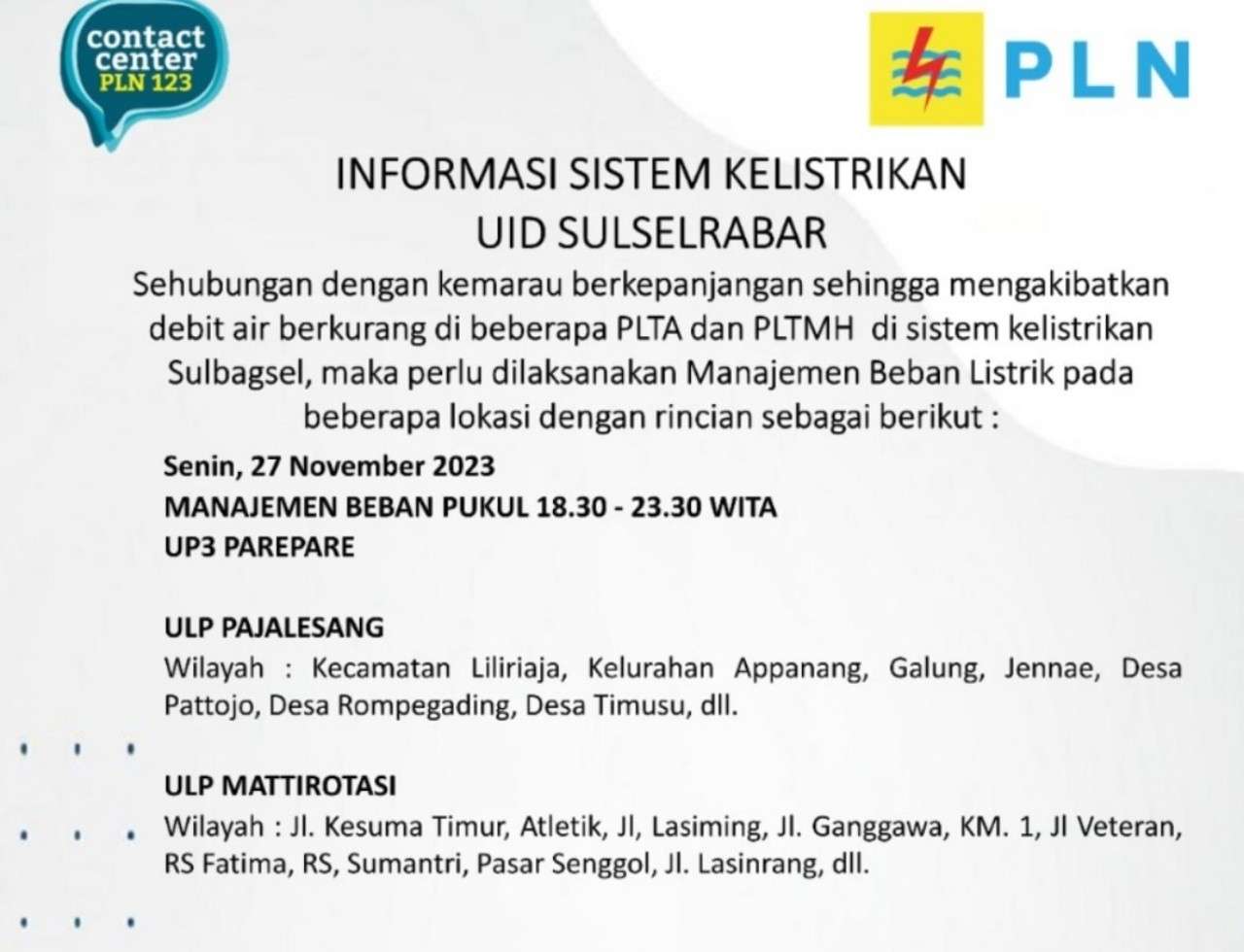 Jadwal Mati Lampu Hari Ini di Parepare-Barru-Sidrap-Soppeng, Cek Selengkapnya!